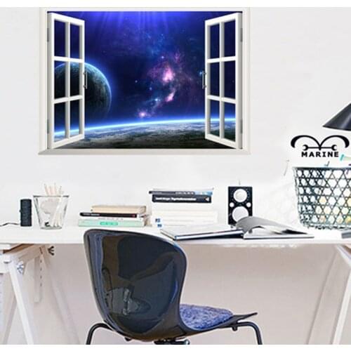 Faux Outer Space Window Scenery Removable Wall Poster Bedroom Childrens Room Decoration Wall Sticker Wallpaper