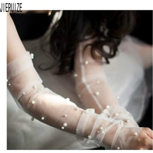 JIERUIZE 2020 New Sheer Tulle Bridal Gloves With Pearl Fingerless Wedding Accessories Wedding Glove