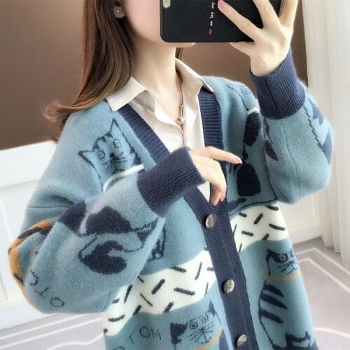 Cartoon Cat Knitted Cardigan Women Autumn Winter Loose Casual Sweater Women Coat Lazy Style Thick Knitted Cardigan