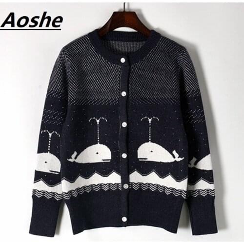 Aoshe Cardigans Female Winter Thicken Warm Sweater Women Design Whale Navy Casual Long Sleeve Knitted Sweater Coat