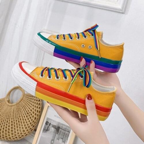 2020 Women New Rainbow Bottom Canvas Shoes Student Colorful Walking Crystal Sole Girls Casual Female Trainers Sneakers W31-75