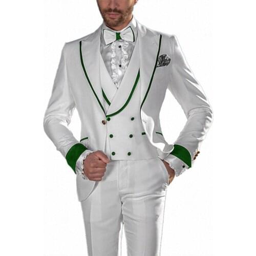 2020 Mens Romantic Beach Wedding White Tuxedo Suits Double Breasted Waistcoat Peak Lapel Prom Dress Wear For Dinner