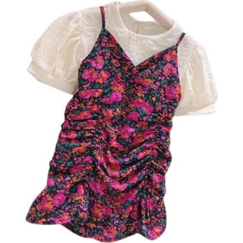 2021 New Summer Suit Girl Set Top+Flower Pleated Suspender Dress 2Pcs Girl Outfit Clothing Sets Girl Clothing