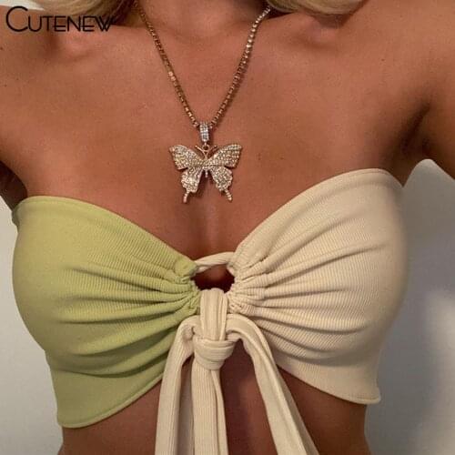 Cutenew Bandage Halter Crop Tops Women Summer New Casual Color Matching Sexy Backless Camisole Skinny Female Hot Outwear Outfits