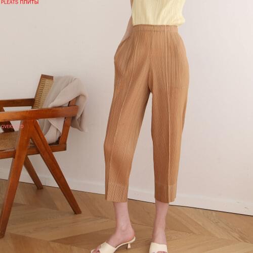 Autumn Spring and Summer Miyake Folds Drape Elastic Waist All-match Casual Straight Leg Pants Cropped Pants Pleats Oggers Women