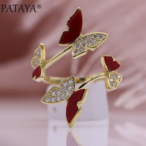 PATAYA New 585 Rose Gold Colorful Butterfly Open Rings White Natural Zircon Women Rings Unique Hyperbole Luxury Fashion Jewelry