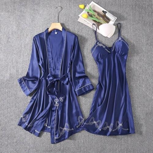 Sexy Women Nighty 2PCS Rayon Robe Set V-Neck Embroidery Bow Bathrobe Gown Strap Top Nightgown Sleepshirt Summer Lounge Home Wear