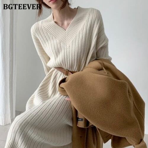 BGTEEVER Vintage Elegant V-neck Women Sweater Dress Autumn Winter Long Sleeve Loose Female Knitted Pullover Dress 2020 Knitwear