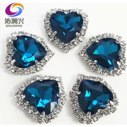 Factory sales Peacock blue heart shape top grade Crystal glass buckle,silver bottom sew on rhinestones Diy/jewelry accessories
