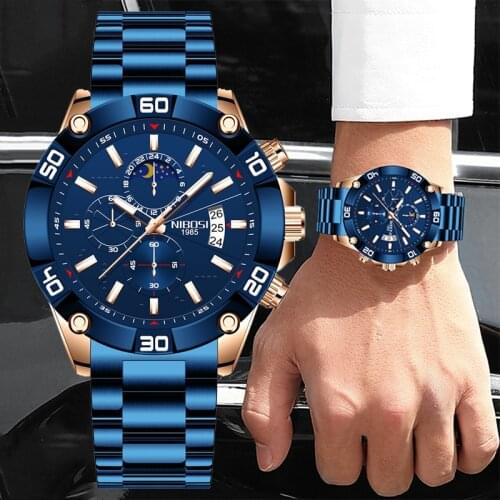 NIBOSI Luxury Sapphire Blue Men Watch Top Brand Sport Waterproof Chronograph Military Wrist Watch for Men Relogio Masculino