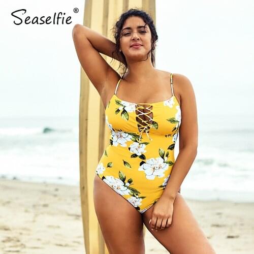 SEASELFIE Plus Size Yellow Floral Lace Up One Piece Swimsuit Women Large Size Sexy Monokini Bathing Suit 2021 Beach Swimwear