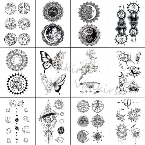 Black Henna Butterfly Temporary Tattoos For Women Girls Realistic Elk Badge Fake Tattoo Sticker Arm Body Tatoos Planets