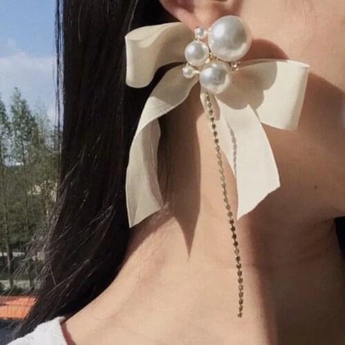 Pearl bow ribbon long tassel Dangle earrings Luxury Crystal Party Wedding earrings bijoux femme