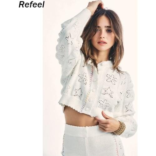 Women Cropped Embroider Knit Cardigan Long Sleeve Vintage Autumn Sweater Female Button Up Casual Knitted Top