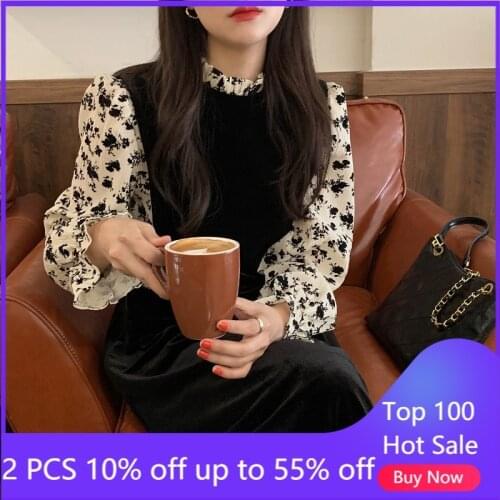 French style dress for women autumn winter vintage elegant long sleeve floral printed & velvet long black dress 62161