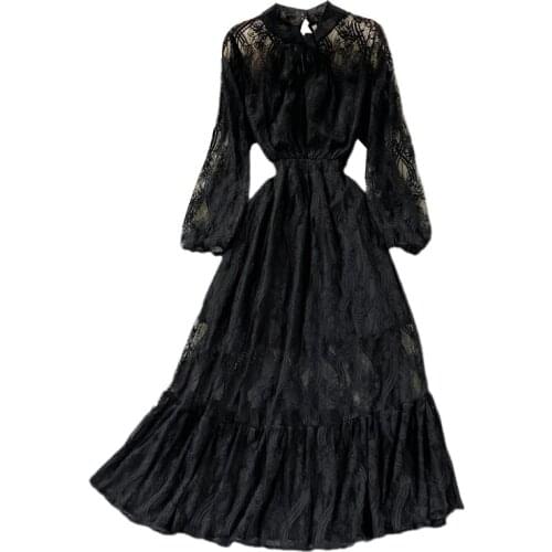 New Spring Autumn Women Stand Collar Long Sleeve Slim Long Dress High Quality Hook Flower Hollow Big Hem Lace Dress