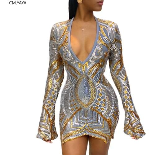 Women Winter Mini Dress V-Neck Sequined Mesh Hollow Out Sexy Night Club Party Bandage Street Bodycon Dresses Plus Size GL8072