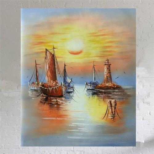 Abstract oil painting on canvas Sailing Sunrise Seascape Hand-painted modern home decor wall art picture for living room 50x60cm