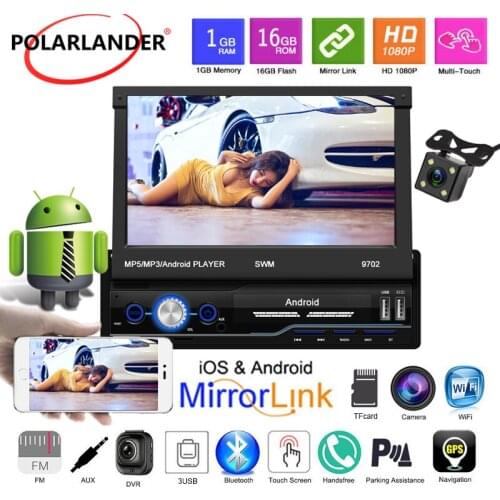 Car Radio MP5 USB WIFI Stereo Audio IOS Android 8.1 GPS Bluetooth FM HD 7” Folded 1din Rear View Camera Touch Screen Mirror Link