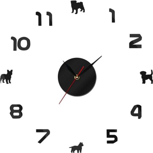 1Piece Pug Pit Bull French Bulldog Beagle DIY Large Wall Clock Different Dog Breeds Puppy Dog Wall Watch 3D Mirror Wall Sticker
