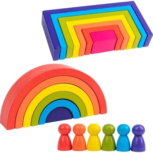 Children Rainbow Building Blocks Educational Natural Wooden Toys Kindergarten Supplies Baby Wood Jigsaw Puzzles Montessori Gift