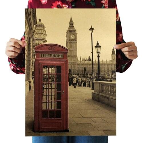 London Red Telephone Booth Kraft Paper Poster Livingroom Bedroom Home Decor Retro Landscape Wall Sticker 51.5x36 cm