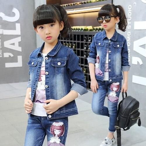 Childrens clothing sets girls autumn cowboy suits big kids cartoon denim jackets baby girl leisure three pieces outerwear set