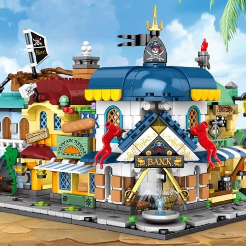 Mini Town Store Building Blocks Pirates Street View Architecture Model Bank House Boat Bar Playmobil Bricks For Children Boy Toy