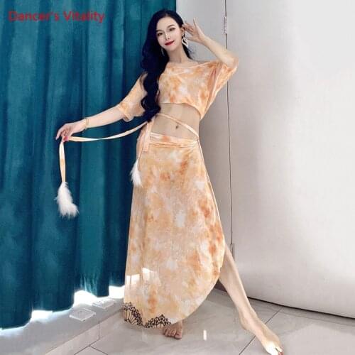 Belly Dance Suit Mesh Printing Top Bat Sleeves Bandage Hip Scarf Practice Clothes Set Adult Shirt Skirt Performance Clothing