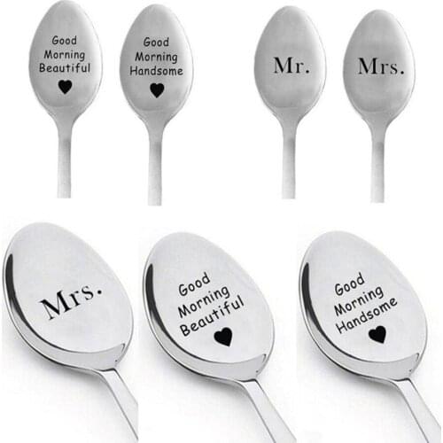 Stainless Steel Tea Coffee Spoons 19cm MR MRS Good Morning Handsome Spoons for Couple Lovers Gift Outdoor Tableware
