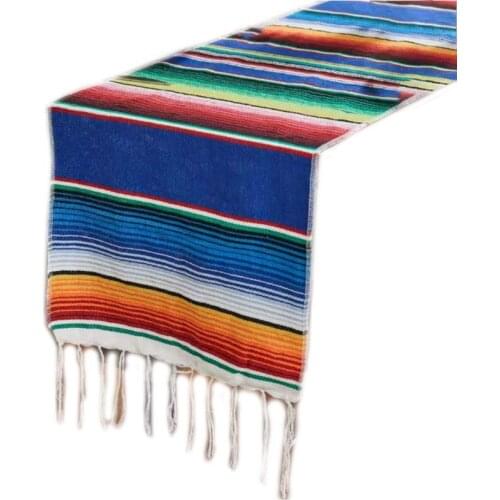 35x213cm Mexican Blanket Bright Rainbow Stripes Woven Table Runner Fringe Cotton Tablecloth Festival Party Home Table LX0C