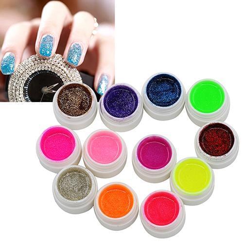 12 Mixed Colors Glitter Acrylic UV Gel Builder for Nail Art False Tips Set