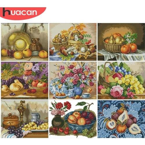 HUACAN Cross Stitch Fruit Kits White Canvas Embroidery Flower Sets Needlework 11CT 14CT DIY Gift Home Decoration