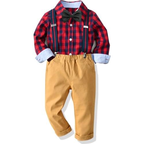 2021 New Christmas Fashion Baby Kids Clothing Sets Boy Gentleman Suit Long Sleeve Red Bowtie Shirt+Overalls 2Pcs Clothes Outfits