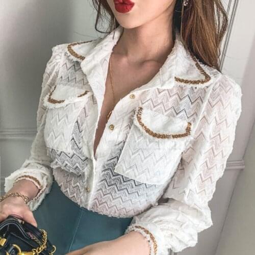 2021 Spring Summer New Women Fashion Blouse Golden Sequins Long Sleeve Transparent Lace Blouse Office Lady Blouse Blusa Chemise
