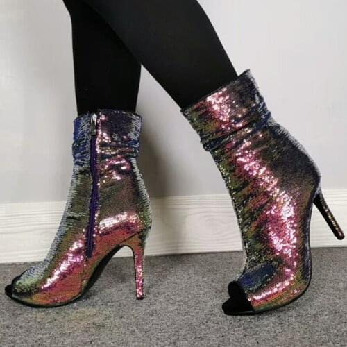 SHOFOO shoes,Beautiful fashionwomens boots , Sequin cloth, 11 cm high heel womens boots, mid- calf womens boots. SIZE:34-45