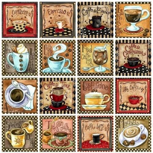 Full Square Round Diamond Embroidery Retro Coffee Poster 5D DIY Diamond Painting Cross Stitch Coffee Cup Scenery Rhinestone Kit
