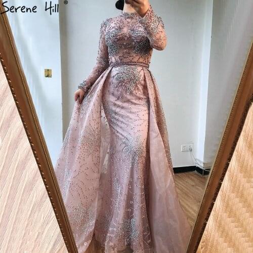 Pink Mermaid Crystal Long Sleeves Evening Dresses 2020 Dubai High Neck Sparkle Formal Dress Serene Hill LA70582