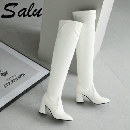 Salu Pu Leather Comfort Square Heel Woman Over The Knee Boots Fashion Side Zipper Party Woman Thigh Boots Black Size 47 48