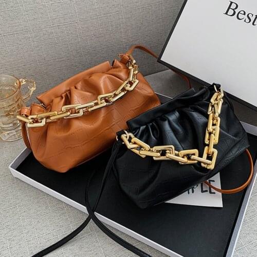 Hand Bags For Women PU Leather Cloud Crossbody Bags Pleated Clutch Handbag Stone Pattern Thick Gold Chain Shoulder Underarm Bag