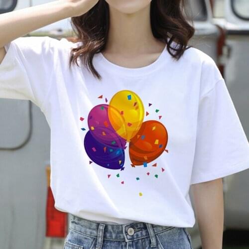 Women T Shirt Women Harajuku Tops Colorful Balloons White Printed Casual Short Sleeve 90s White T-shirt Femme