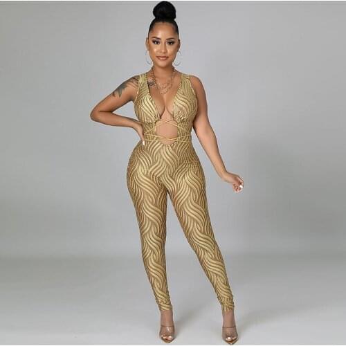 Sexy Hollow Out Printed Bodycon Jumpsuit Women Deep V-neck Sleeveless Party Clubwear Bandage Rompers One Piece Overalls Bodysuit