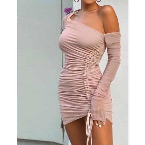 Women Sexy Bodycon Dress Asymmetric Shoulder Mesh See Through Long Sleeve Lace Up Mini Party Drawstring Chic Dress Female