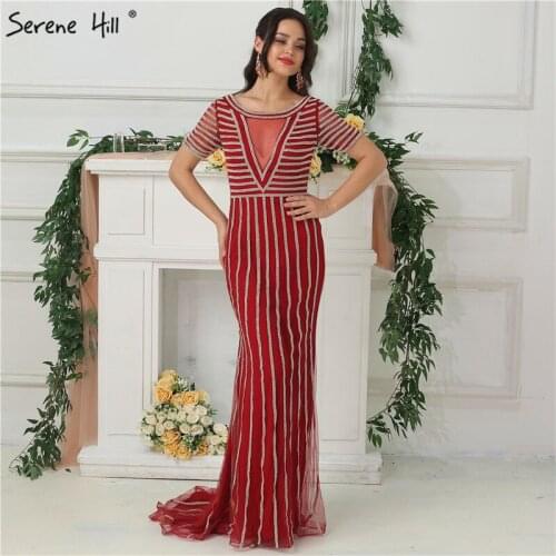 Sexy Sheer Short Sleeve Mermaid Evening Dresses 2020 New Design Formal Dress Crystal Dubai Robe De Soiree Serenehill BLA6692