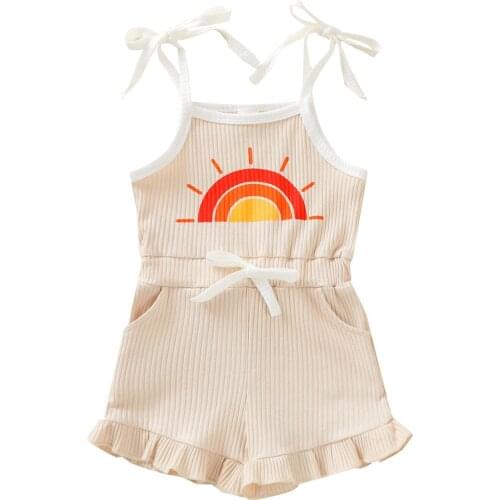0-4Years Baby Girl Boy Kids Sleeveless Romper Sun Print Spaghetti Strap Ruffle Playsuit Summer Casual Lace-up Ribbed Romper