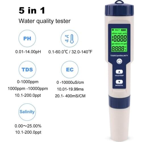 5 In 1 PH Meter TDS EC ORP Salinity Temperature Detector Water Quality Monitor Ph Calibration Buffer Solution Powder Tester Tool