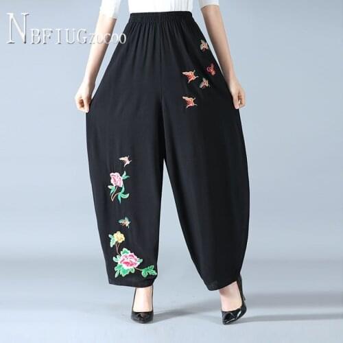 Embroidery Flower Middle-aged Women Radish Pants Ethnic Female Trousers