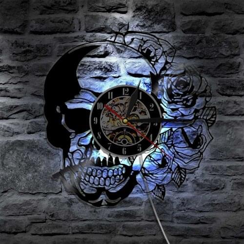 Skull Rose Tattoo Wall Art Clock Skeleton Skull Thorn Roses Vinyl Record Wall Clock with LED Light Skull Tattoo Shop Wall Decor