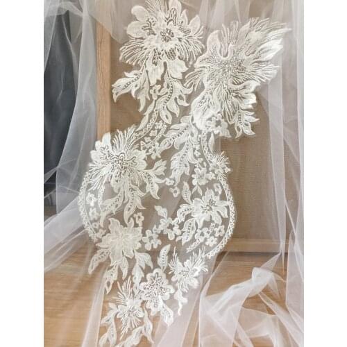 Large Clear Sequin Cotton Embroidery Lace Applique Flower in Off White , Bridal Bodice Wedding Gown Motif Patch 28 x 65 cm