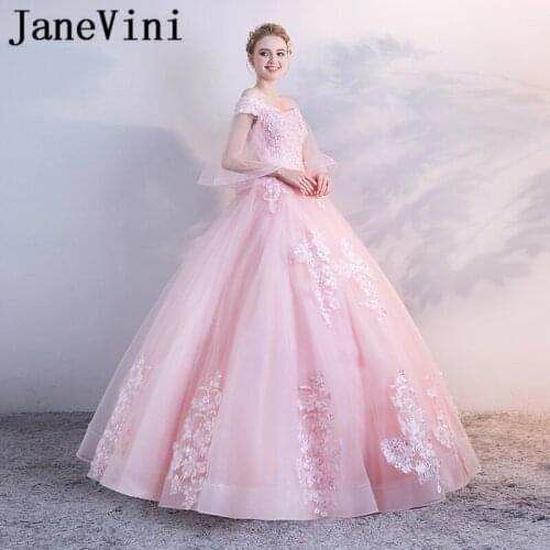 JaneVini 2018 Pink Sequined Long Prom Dresses 2018 With Sleeves Lace Puffy Tulle Teens Girls Off Shoulder Bridesmaid Party Gowns